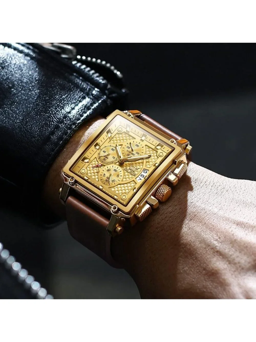 Men's Gold Brown Leather Chronograph Watch Big Face Waterproof Luminous Watch